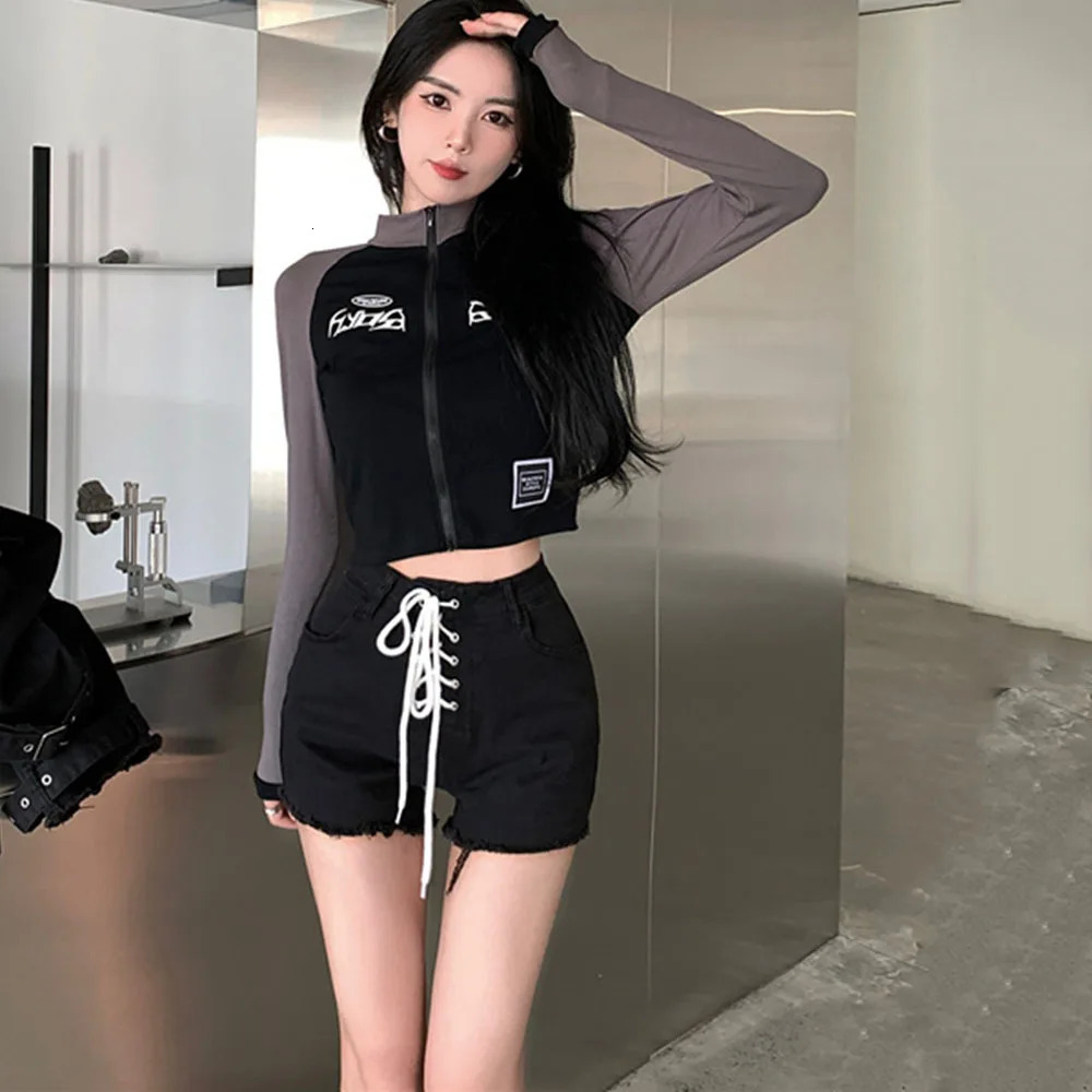 Black lace shorts for womens fashion gothic punk denim long pocket jeans with warm legs star diamond glitter pants 250304