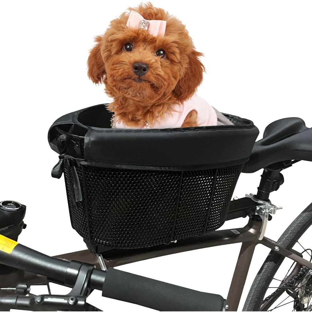 Dog Mountain Bike Basket, Adjustable Safety Strap Pet Bicycle Carrier, Outdoor Puppy Accessories for Up to 15lbs Pets(Black)