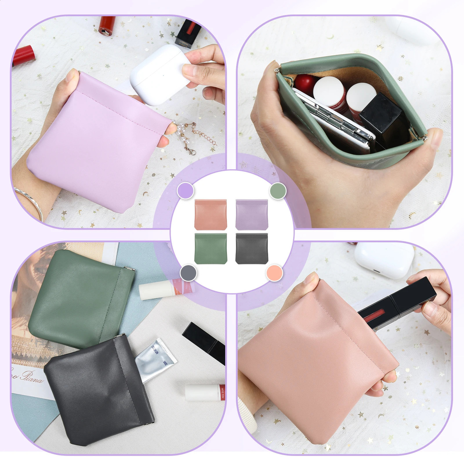 Ship from US 4pcs Cosmetic Storage Bag Mouth Red Automatic Closure Shrapnel Bags Headset Data Cable Sundry Inner 250305FBB