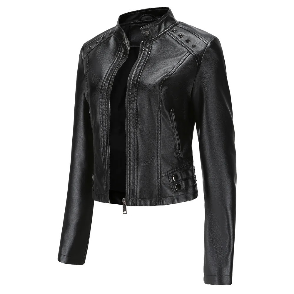 2024 Spring Autumn Womens Leather Jacket Female Riveted Stand Collar Casual Coats Motorcycle Clothing 250226