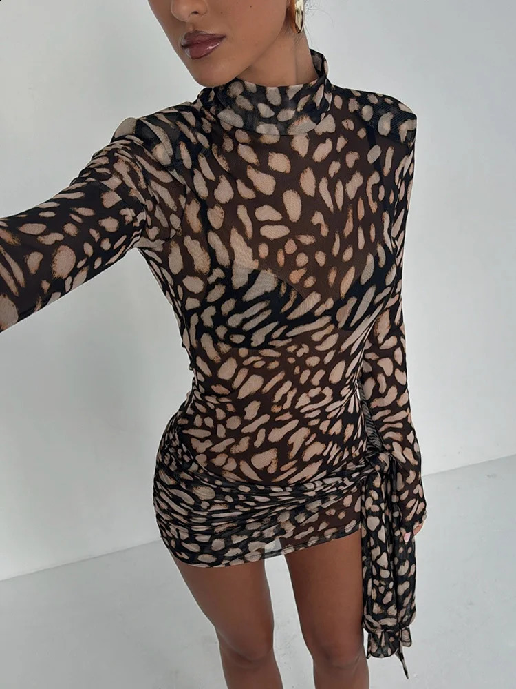 Mozision Mesh Leopard Print Sexy Mini Dress For Women Robe Fashion Turtleneck Draped Ruched High Waist Club Dress Vestido 250303