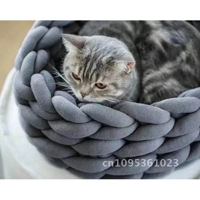 30cm 35cm Round Crocheted Cats Beds Kitten Soft Puppy Cushion Bed Chunky Handmade Dog Supplies Pet Mats