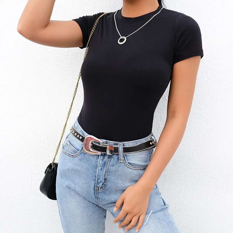 Basic Casual Black White Bodysuit Women Summer Short Sleeve Woman Body Top Cotton Bodycon Jumpsuit Romper Ladies KLMY