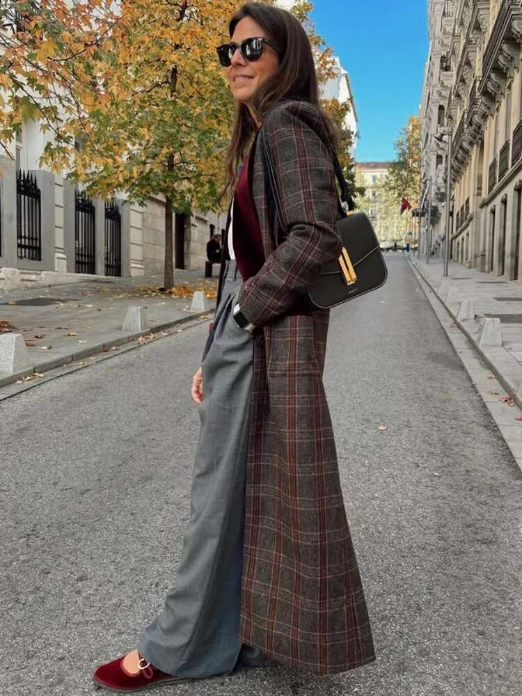 2025 Spring Street Jacket Woolen Plaid Coat Women Turn-Down Collar Loose Long Sleeve Button Elegant Outwear Female Thicken