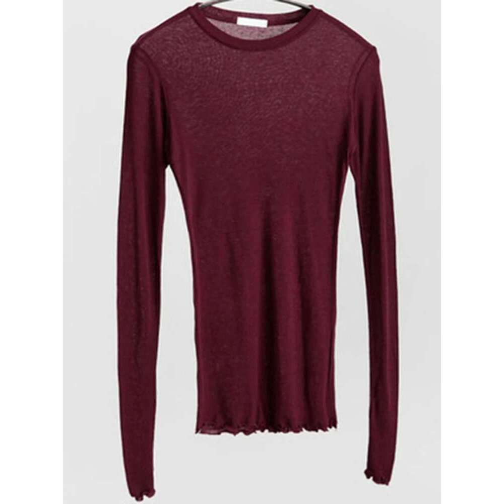 Quality High Plain T Shirt Women Cotton Elastic Basic T-Shirts Female Casual Tops Long Sleeve Sexy Thin T-Shirt See Through KLMY -Shirts -
