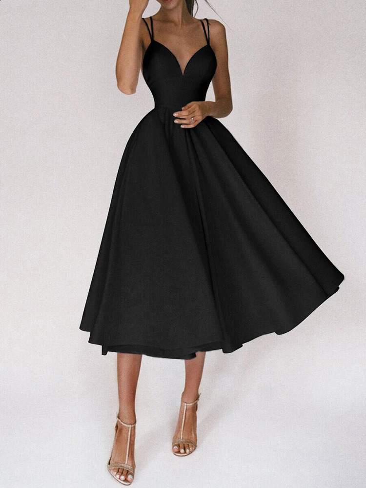 Summer Spaghetti Strap Midi Party Dresses Women Solid Color Sexy Vneck Backless Temperament Elegant Lady Prom Dress 250305