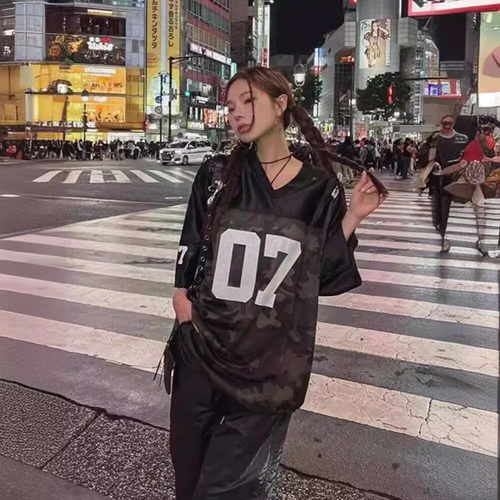2024 New Trendy No. 07 Retro Hip-Hop Loose Jersey Short-Sleeved Women's Summer High Street American Half-Sleeved Top