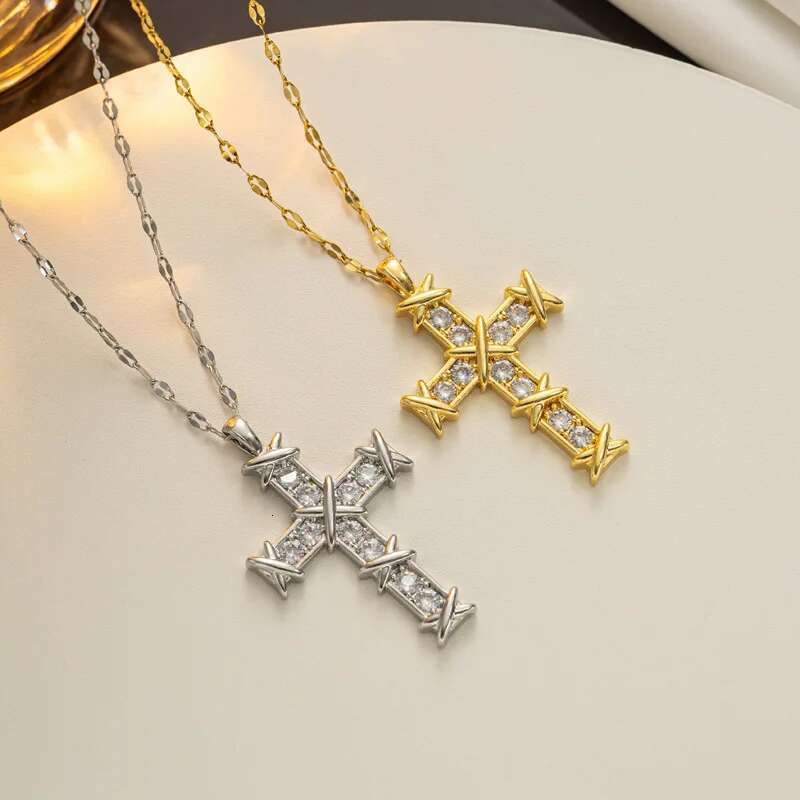 Cross Zircon Necklace For Women Men Gold Plated Stainless Steel Clavicle Chain Necklaces Vintage Religion Aesthetic Jewelry 2024