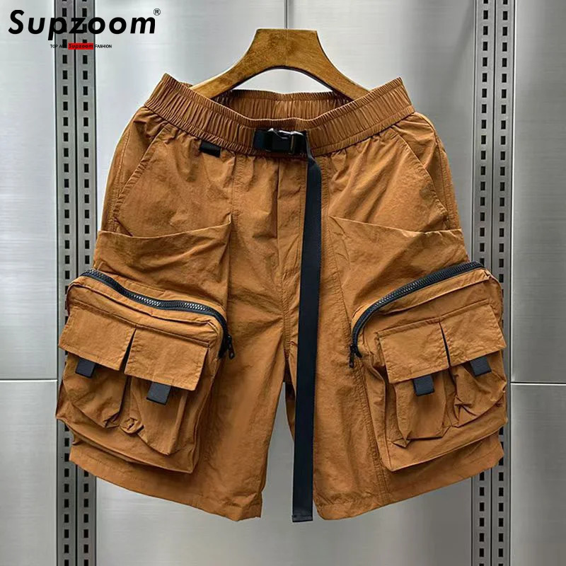Supzoom Arrival Top Fashion Summer Loose Casual Belt High Street Trendy grid Stitching Pocket Personalized Shorts Men 250304