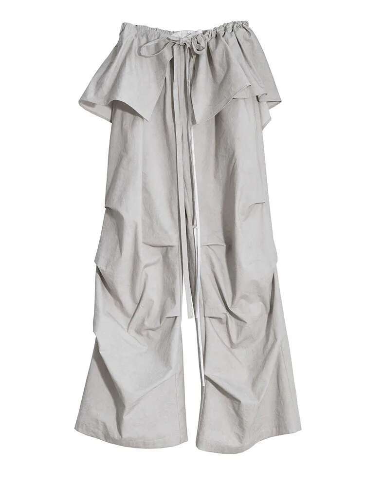 High Waist Gray Drawstring Ruffles Pleated Long Wide Leg Pants New Trousers Women Fashion Tide Spring Autumn