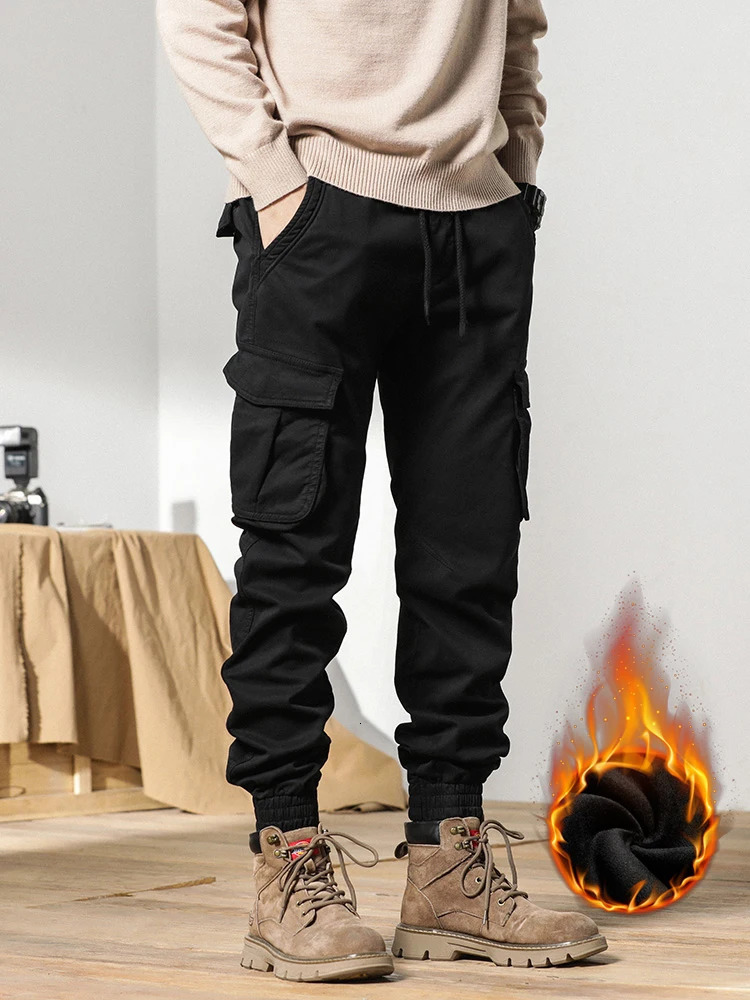 2023 MultiPockets Winter Cargo Pants Men Fleece Liner Thick Warm Slim Fit Joggers Streetwear Casual Cotton Thermal Trousers 250304