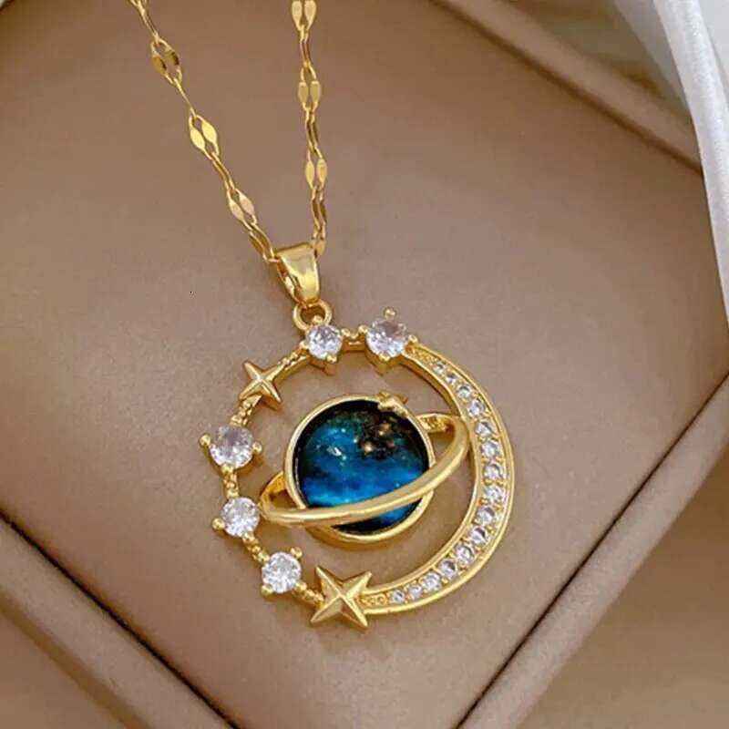 Light Titanium Steel Star Series Necklace for Women Gold Color Planet Moon Astronaut Pendant Necklaces Jewelry Gifts