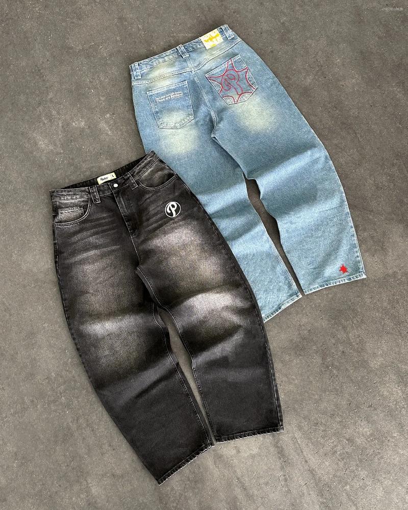 Men's Jeans Vintage PROTECT Y2K Mens Pants Harajuku Hip Hop Letter Embroidery Blue Baggy High Waist Wide Leg Trouser Streetwear