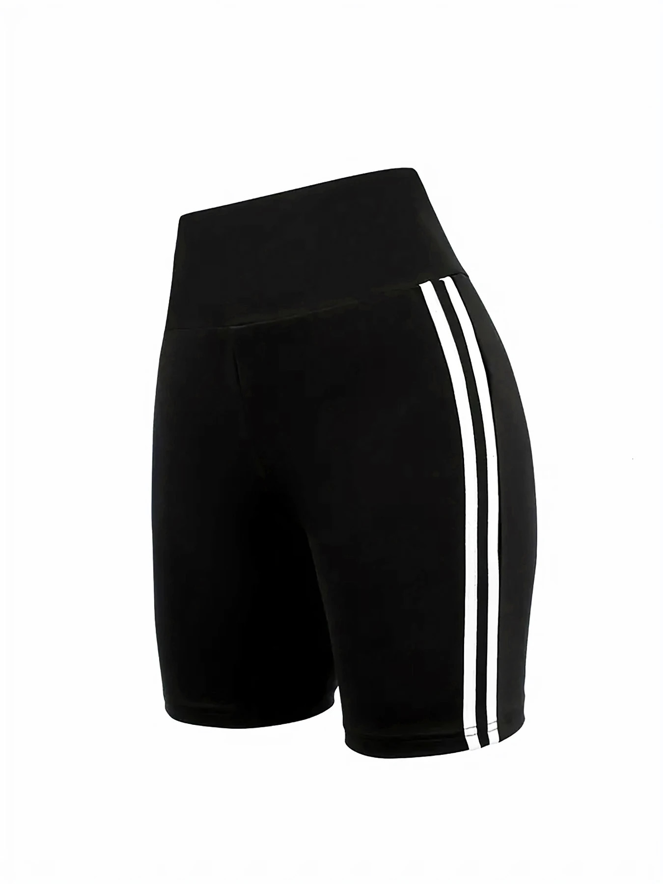 High Stretch Plus Size Athletic Shorts for Women Sporty Knit Mid Thigh Pants with Side Stripes Fashionable and Comfortable 250304