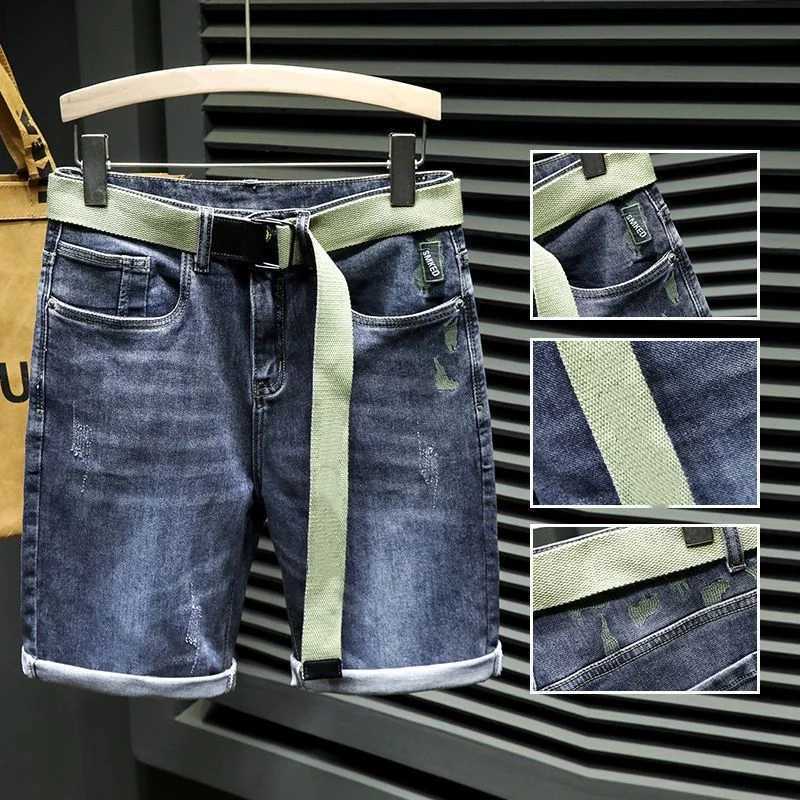 Half Male Denim Shorts with Text Ripped Multi Color Knee Length Mens Short Jeans Pants Graphic Long New In Summer Thin VintageT250305