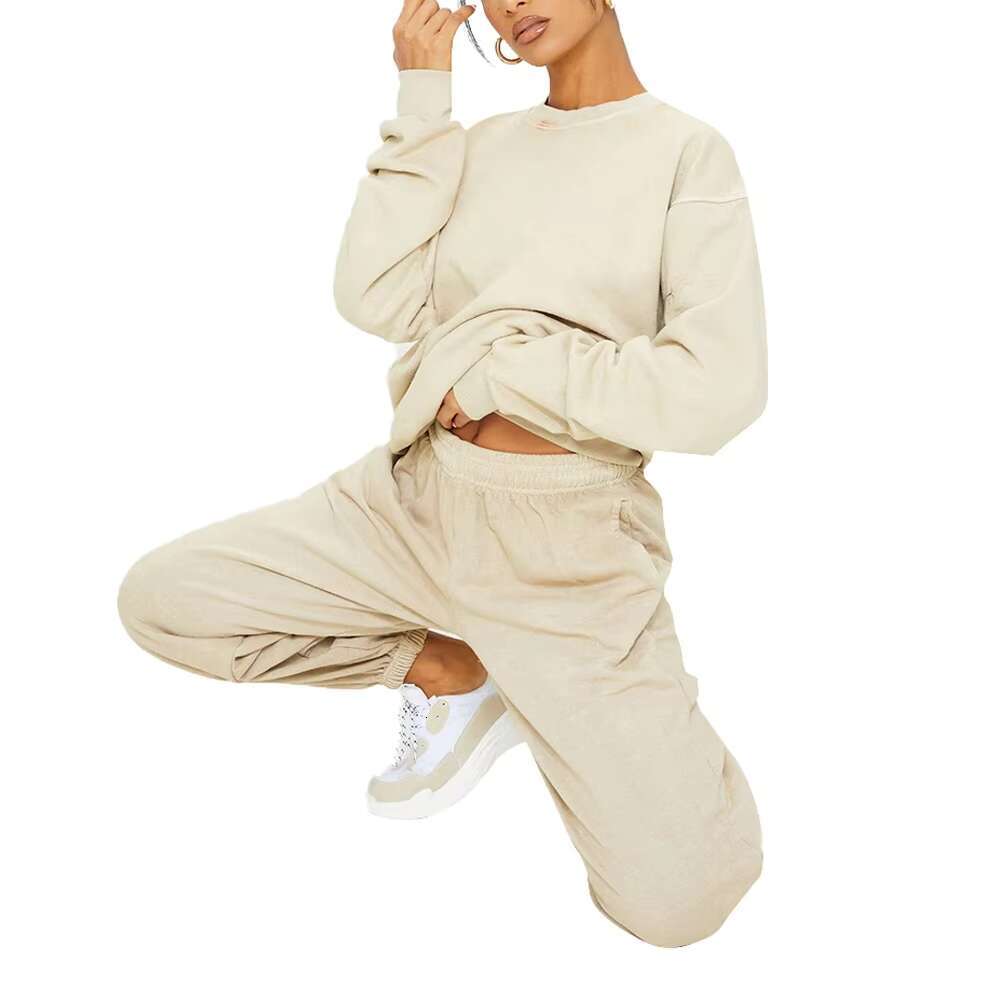 OEM Wholesale Cotton 2 Piece Sets Women Hoodie Fleece Crew Neck Sweatshirt Jogger Set