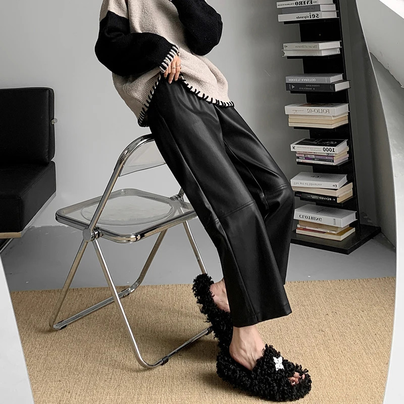 Autumn Winter PU Leather Womens Ankle Length Pants 2024 Korean High Waist Black Straight Loose Pocket Female 250304