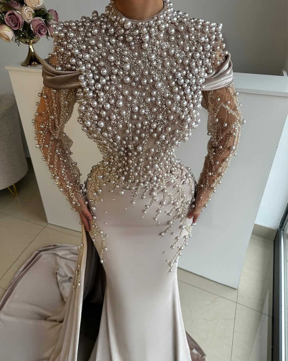 Unique Mermaid Evening Dress Pearls Beading O Neck Prom Gown Lace Long Sleeve High Splits Sweep Train Party Dresses Customized