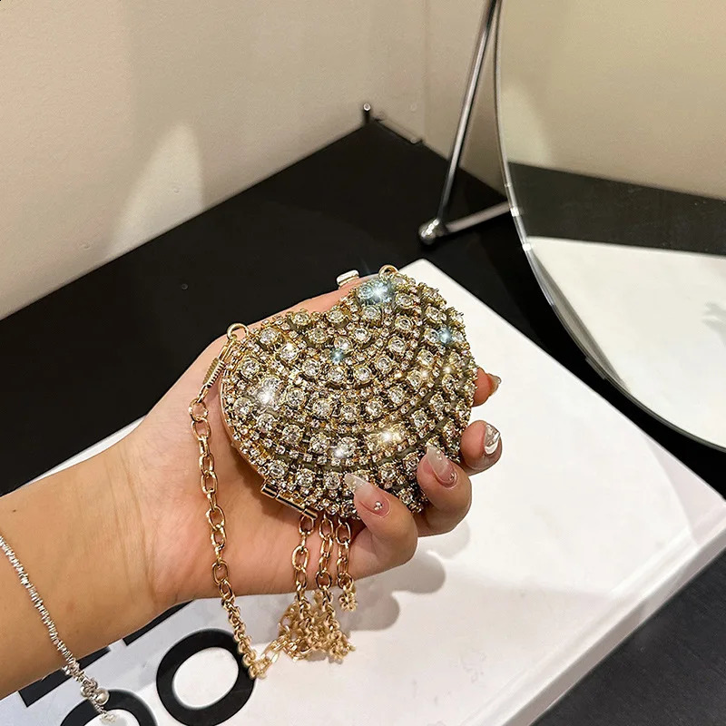 Mini Diamond Inlay Heart Shape Crystal Clutch Stones Evening Wedding Party Shoulder Bag Handle Rhinestone Handbags 250304