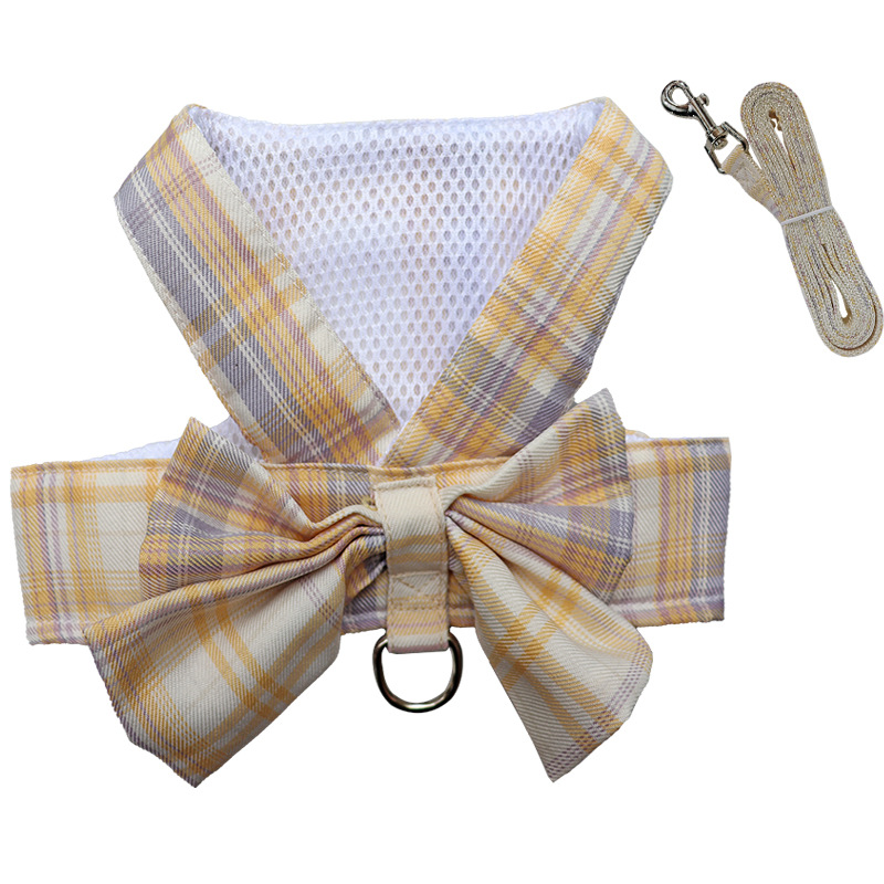 Plaid Dog Dress Bow Tie Harness Leash Set, Dog Clothes Harness Dress with Leash Ring for Small Dogs Girl, Puppy Princess Clothes Chihuahua Yorkies Pet