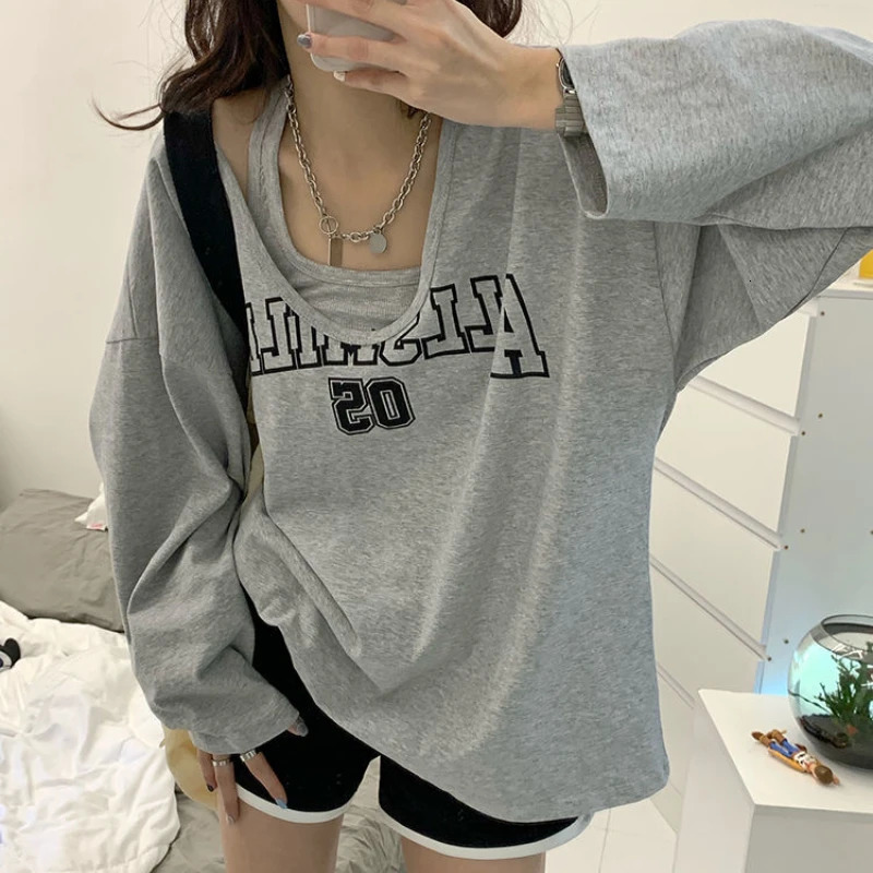 Y2k Baggy Halter Two Piece Sweatshirt Women Letter Print Loose Aesthetic Hoodies Women Retro Fashion Casual Streetwear Tops 250304