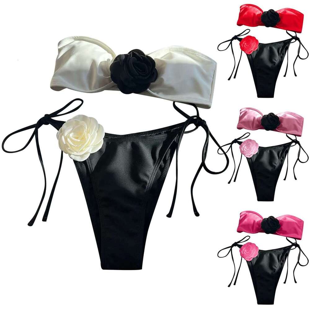Wer 3D Bandeau Bikini Set 2024 New Sexy Tube Swimwear Women Striped Black Swimsuit Mini Bathing Suit Km-Ly