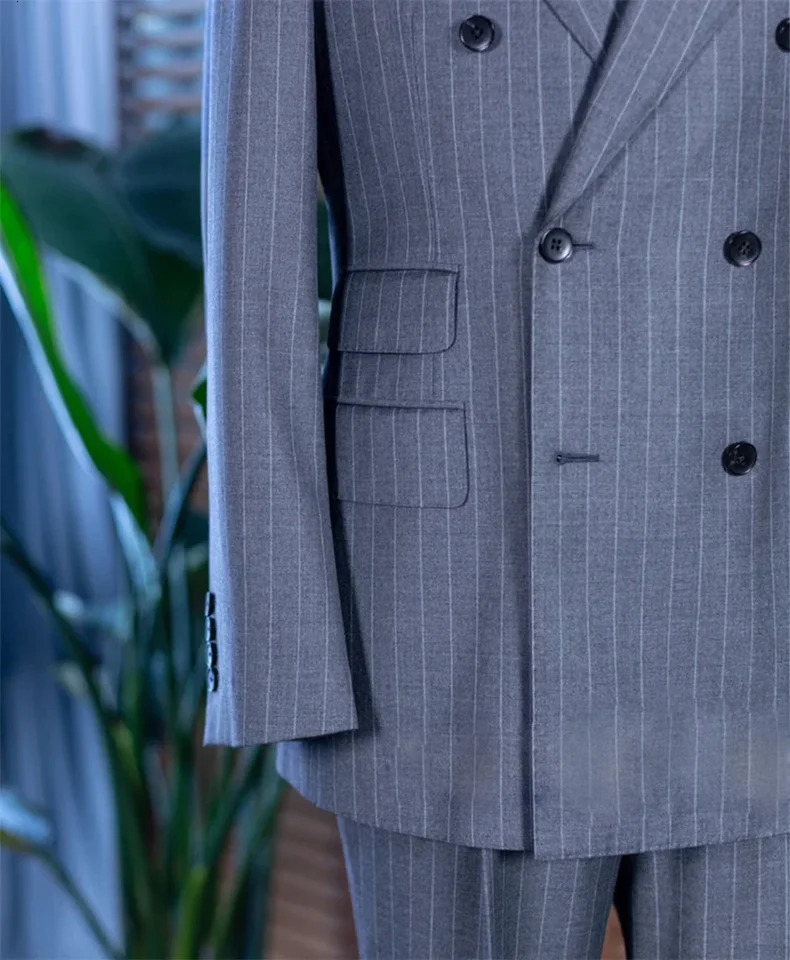2 pieces of grey striped mens classic double chest business jacket pants customized formal party dress 250224Z