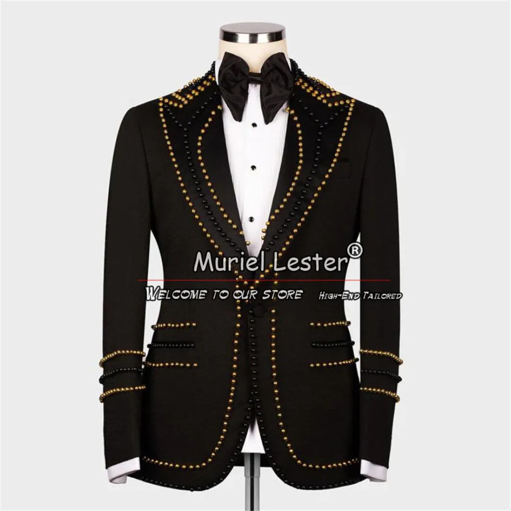 Formal Man Suit Jackets GoldBlack Pearls Handmade Prom Blazer Sets Banquet Dinner Party Wedding Groom Tuxedos Customized 250304