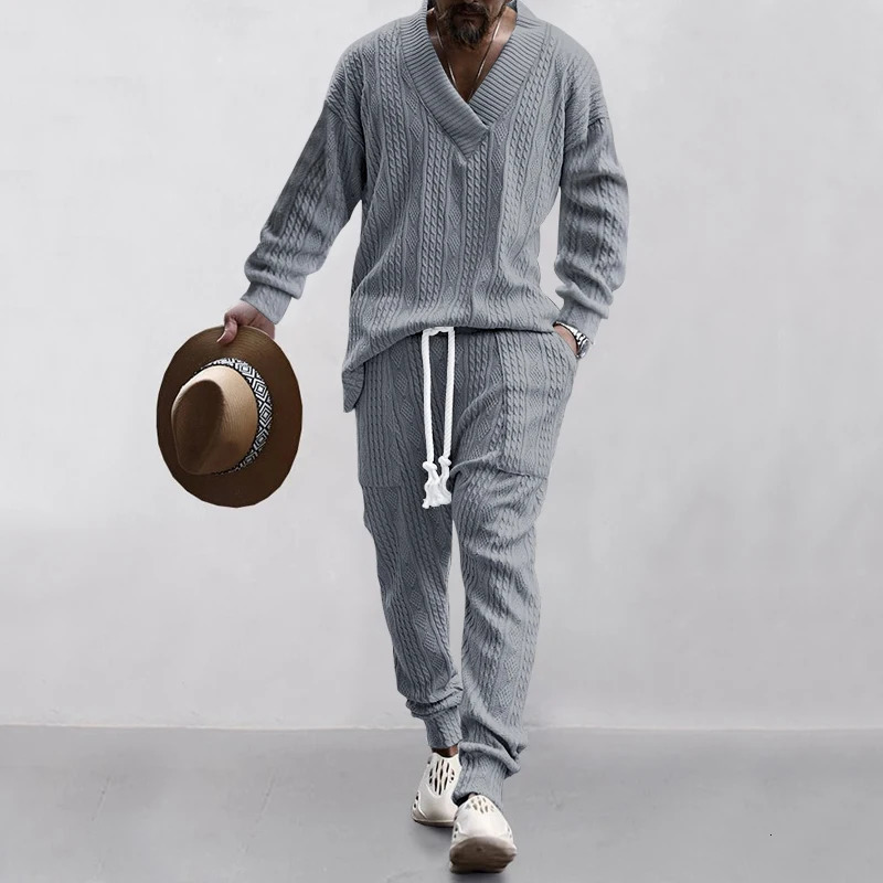 Spring And Autumn Mens Suit Europe And The United States Style Heavy Quality Jacquard V-neck Shirt Trousers Two Sets 250303