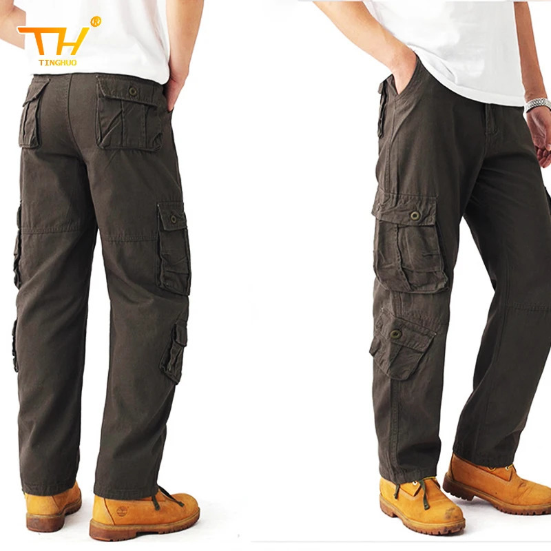 Mens tactical solid color coated highquality cotton multi pocket Trouser sports training casual work pants 250304