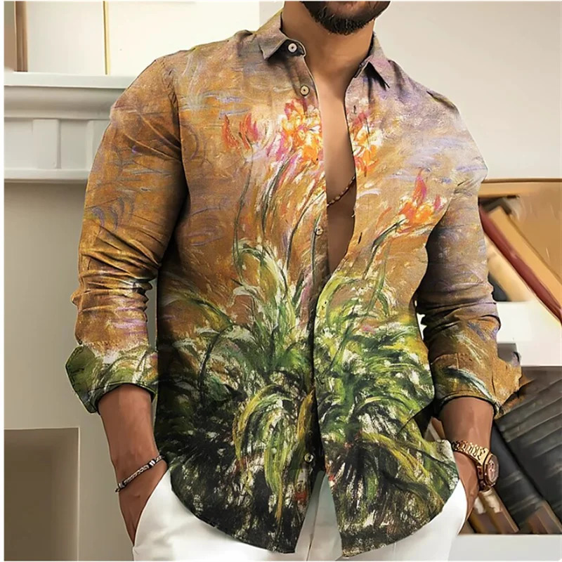 2024 Mens Shirt Floral 3D Printing Vintage Lapel Long Sleeve Outdoor Street Fashion Button Casual Autumn Winter 250227