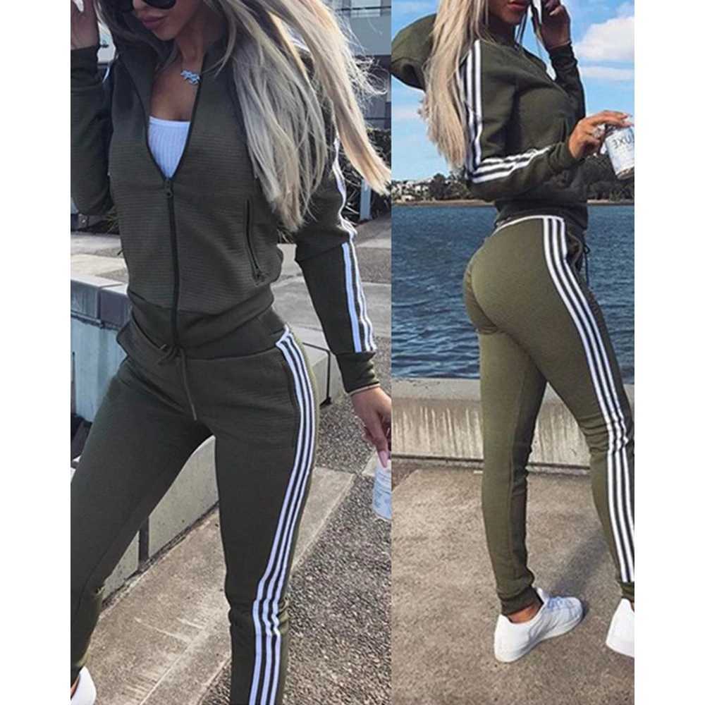 Autumn Women Striped Colorblock Long Slve Zipper Fly Hoodie Cuffed Pants Sets Sporty Strtwear Two Pieces Sweatpants Suit X250704