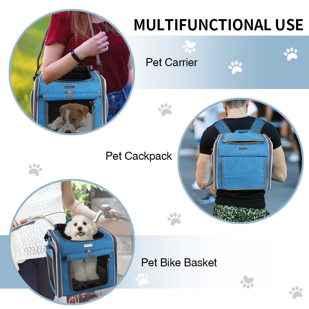 Dog Bike Basket, Expandable Soft Sided Pet Carrier Backpack with 4 Open Doors, Foldable Dog Bike Carrier