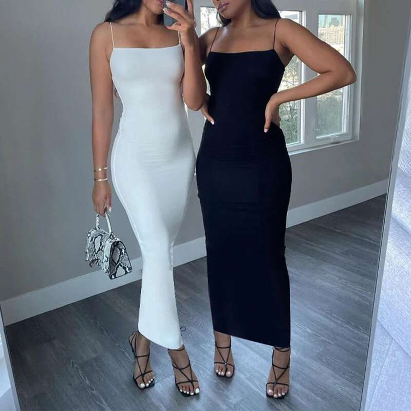 Black Summer Sexy Dress Women Streetwear Sleeveless Backless Solid Spaghetti Strap Bodycon Casual Clubwear Elegant Party Dresses KLMY