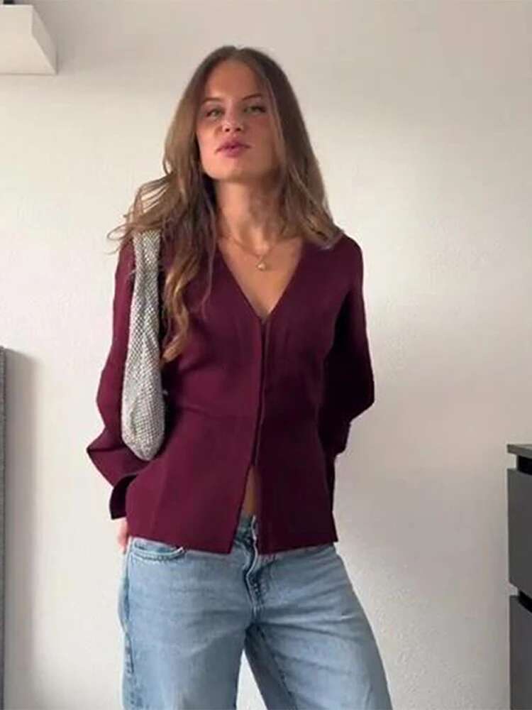 Bury Red Knitted V-Neck Split Cardigan Women Solid Color Slim Long Sleeve Front Hook Sweater Autumn Elegant Lady Knitwear