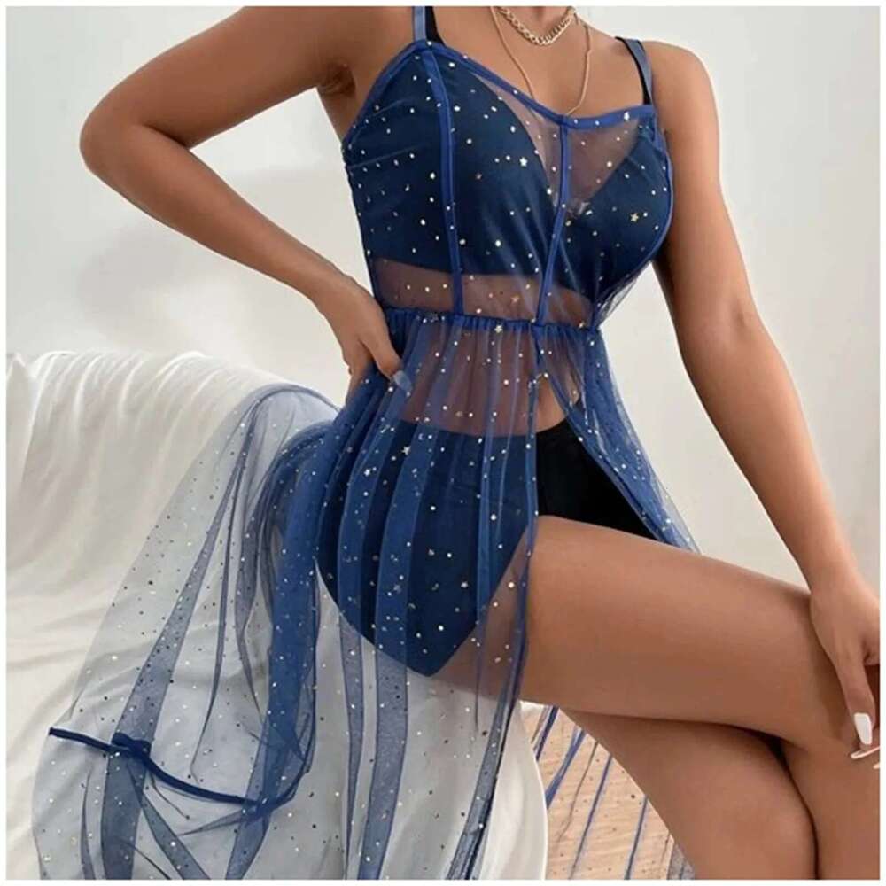 Mesh Sequin Sheer Smock For Women Sleeveless Split Midi Dress Holiday Beach Club Street Sexy Y2k Female Summer Dresses Km-Ly