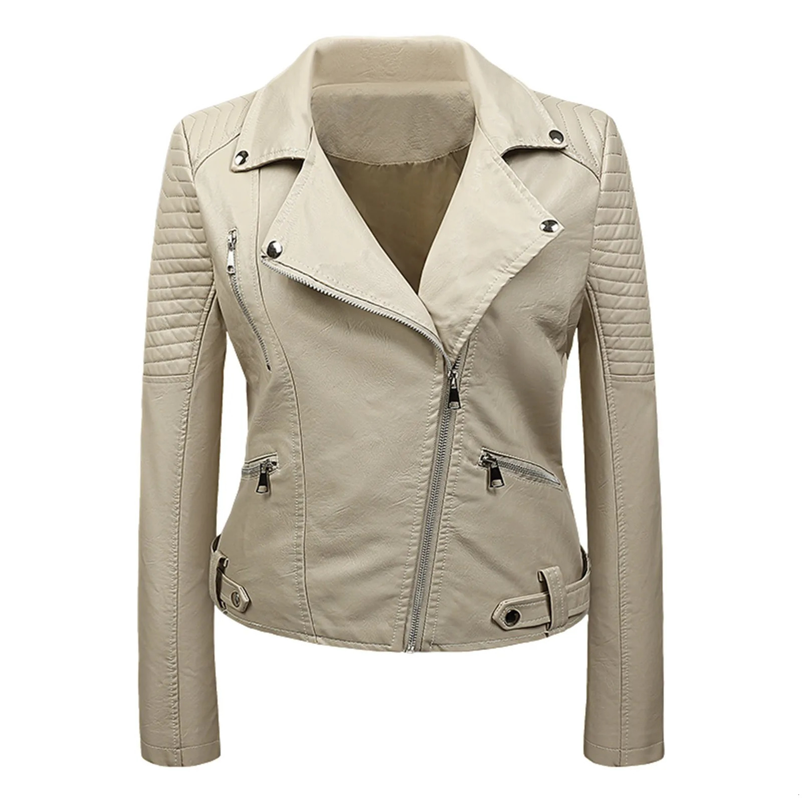 Autumn womens lapel zipper artificial PU leather jacket street retro motorcycle casual bicycle 250226