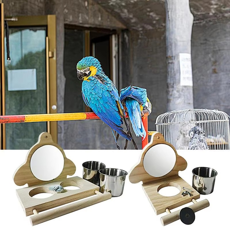 Parrot Perch Wooden Parakeet Mirror Toy Bird Parrot Perch With Mirror And Feeding Cups Cage Play Toy For Lovebird