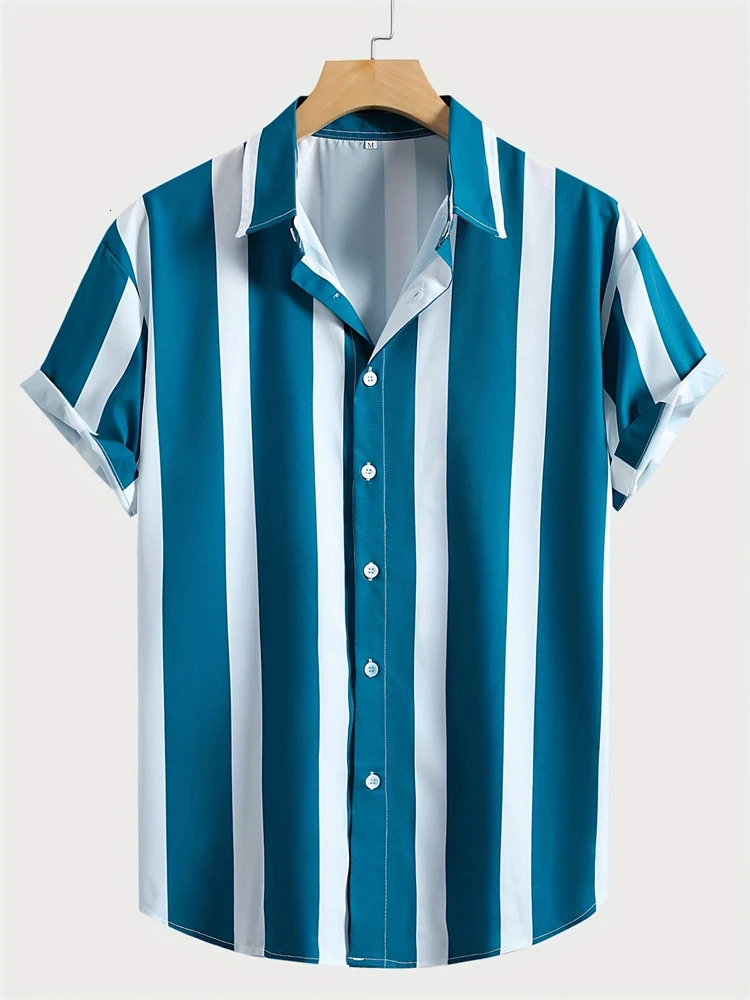 2024 Mens Short Sleeve Shirt Striped Printed Hawaii Simple Button T Tops Fashion Casual Large Size Lapel Y2k Top 250227