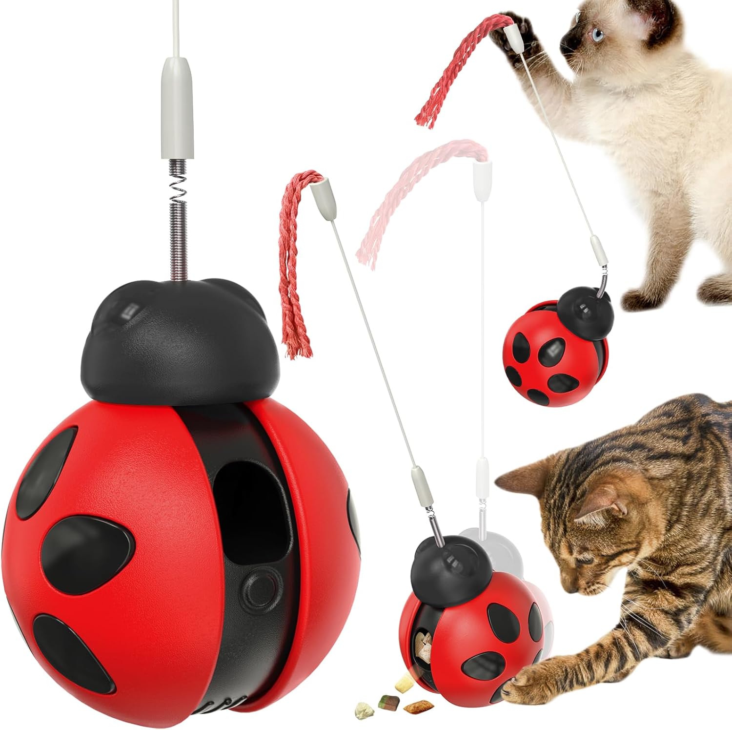 Cat Treat Dispenser Toy, Rolling Wobble Design with Spring Teaser Wand, Interactive Food Puzzle for Cats