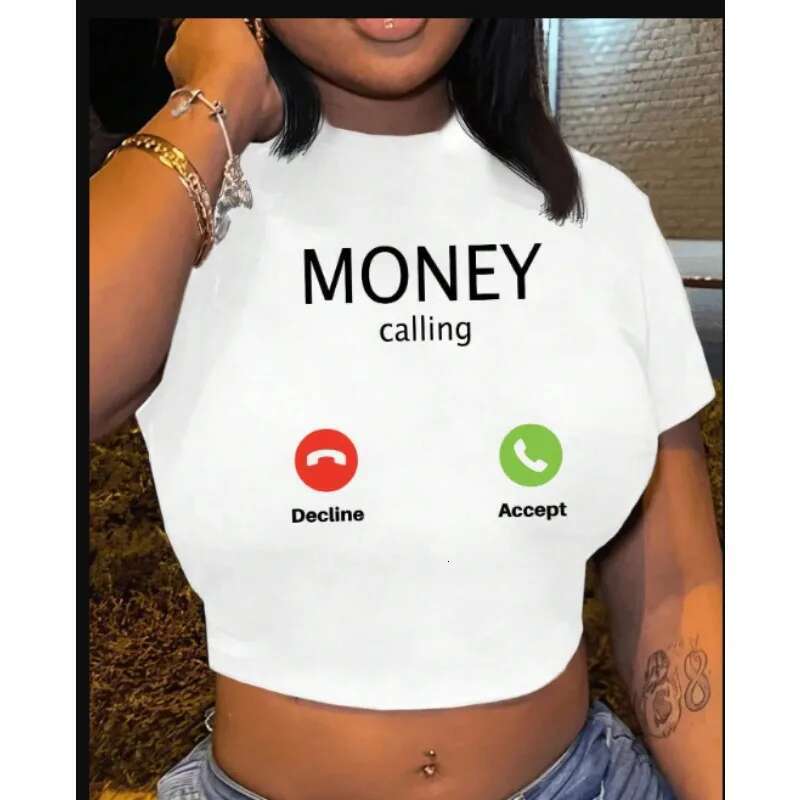New American Round Neck Sexy Lady Exposed Belly Button Outfit T-Shirt Summer Versatile Pattern Printed Short Sleeved Tops
