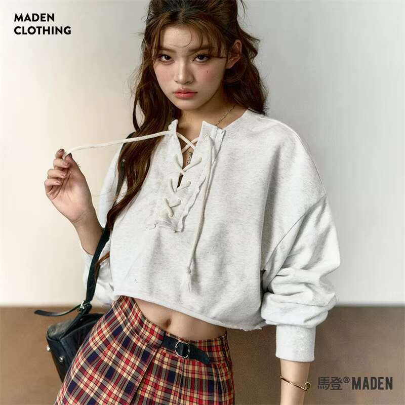 Maden Wholesale Women's Lace-Up Hoodie Vintage High-Waisted Drawstring Loose-Fit Long Sleeve Hooded Short Pullover Spring Autumn