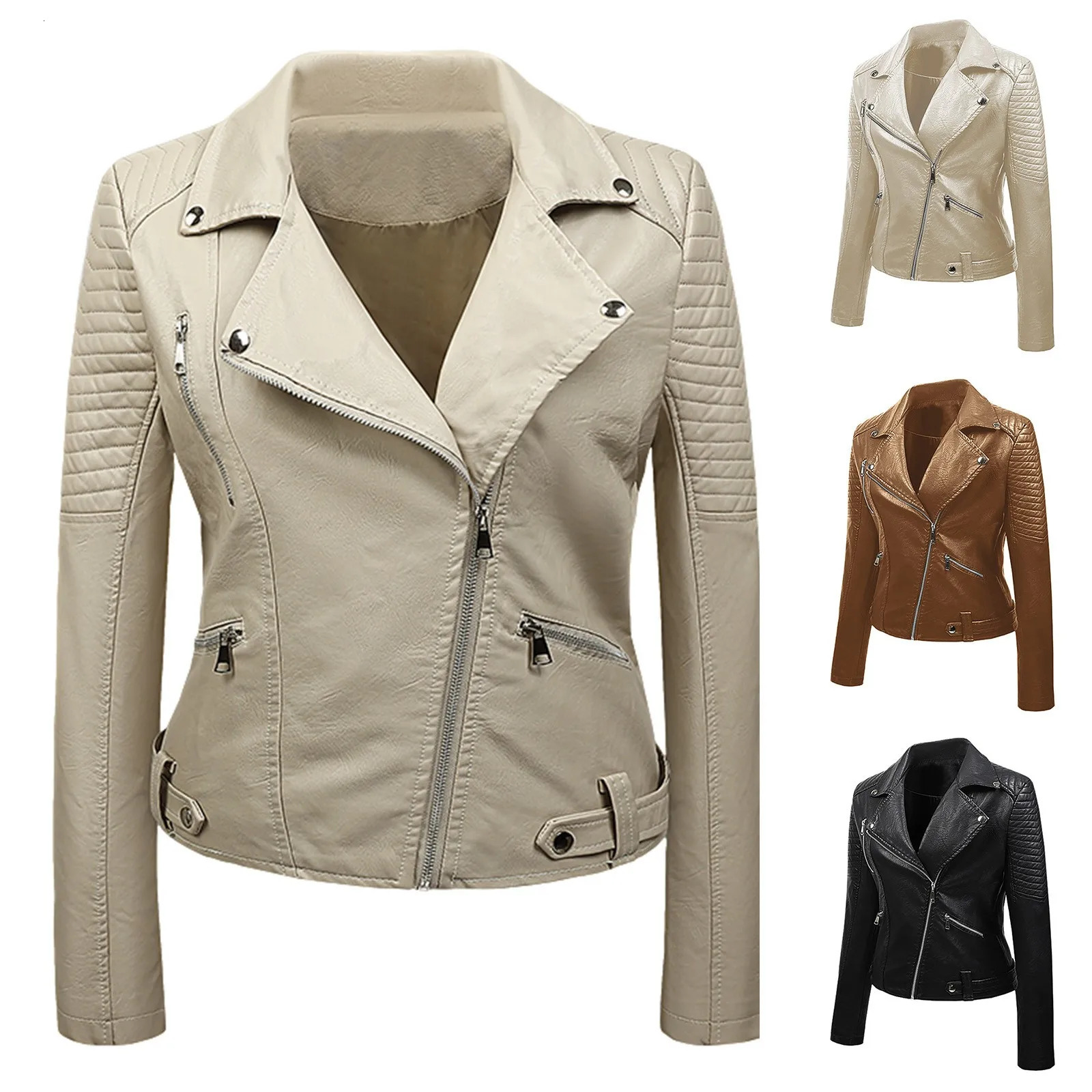 Womens Short Pu Leather Jackets Vintage Suit Pockets Zip Up Motorcycle Outwears Solid Color Bomber Jacket 250226