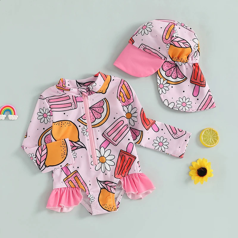 Baby Girl Swimsuit with Sun Hat Set Cute Mermaid Scale Print Zip Up Long Sleeve Rash Guard Swimwear for Toddler Girls 250304