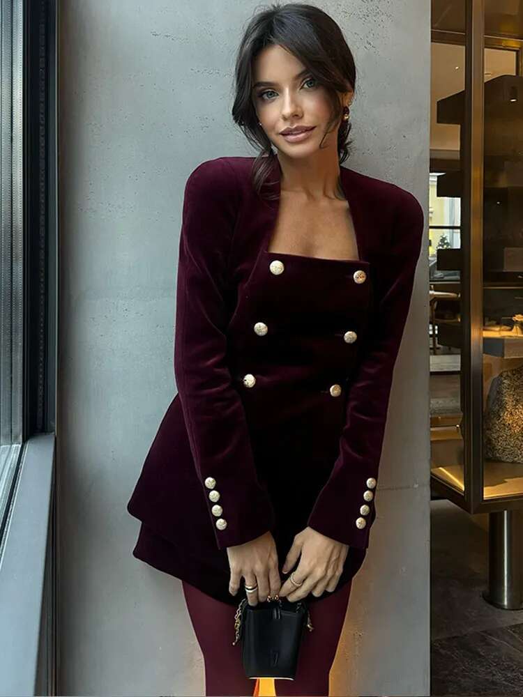 Elegant Bury Veet Shirt Pant Set Fashion Square Neck Metal Buttons Slim Long Sleeve Tops Short Pants Suit