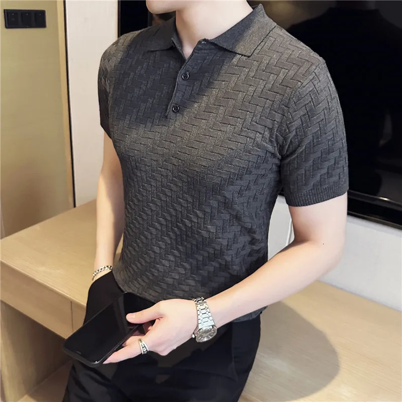 Mens Summer Casual Short Sleeves High Quality Knitted Polo ShirtsMale Slim Fit Ice Silk Plaid Leisure Polo Shirts Tops S-3XL 250304