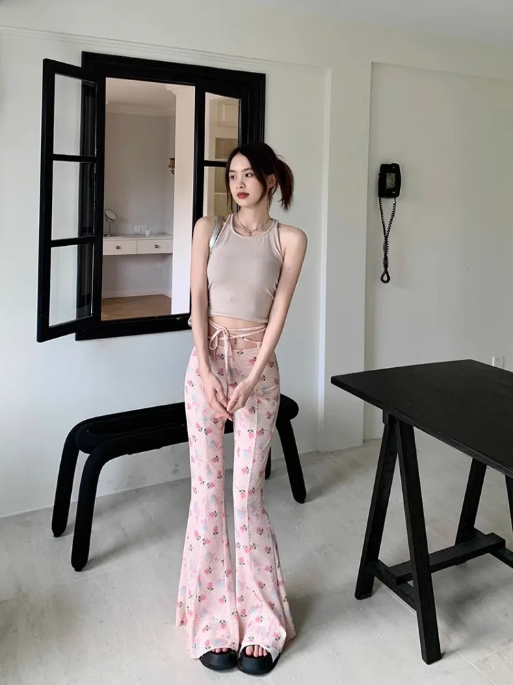 Sweet Floral Print Casual Pants for Women Sumemr Slim Fit Ruffles Flare Y2k E-Girl High Waist Loose Wide Leg 250304
