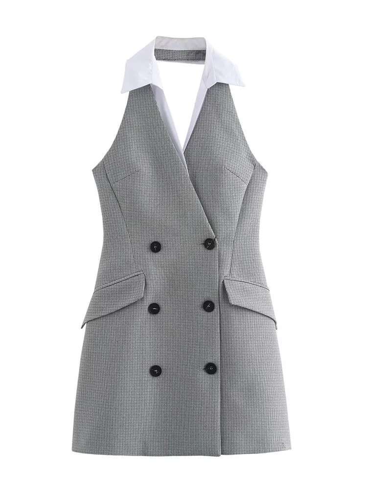 Fashion Women Plaid Halter Mini Dresses Pffice Ladies Sleevless Double Breasted Slim Chic Elegant Party Dress
