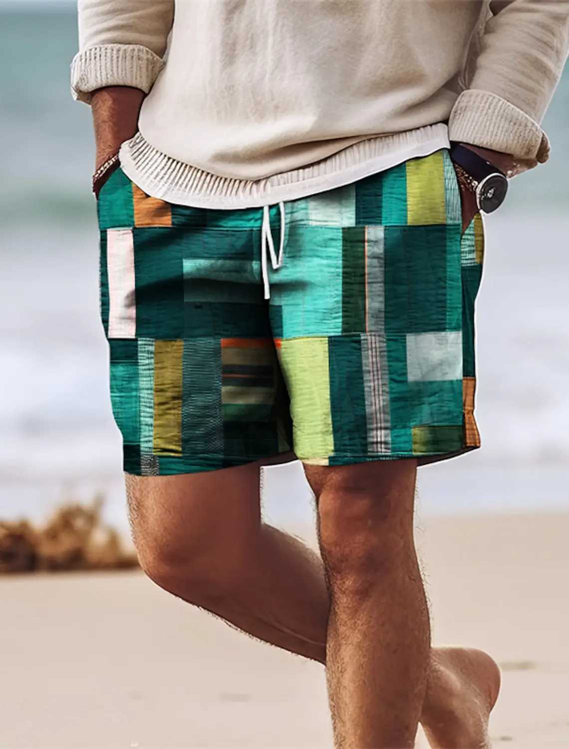 Mens Summer Shorts Beach Shorts Drawstring 3D Printed Color Blocks Geometric Breathable Soft Street Clothing HawaiiXJ250304