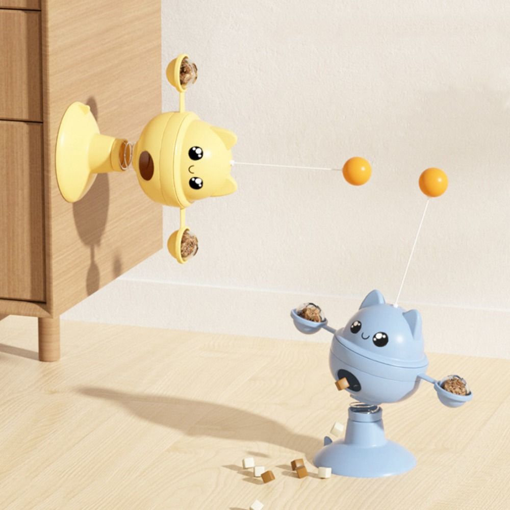 3 in 1 360 ° Rotation Pet Toys Tumblers Cartoon Suction Cup Cat Teaser Stick Plastic Cat Food Dispenser Self Happy